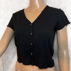 BLACK V Neck Botton Up Blouse